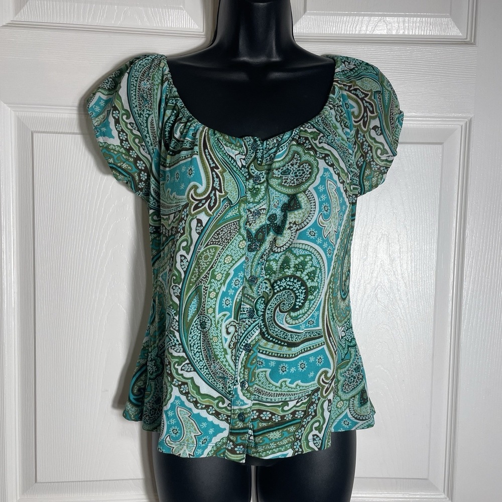 Vintage  INC International  Concepts Y2K Paisley Button Up Top Petite S Green